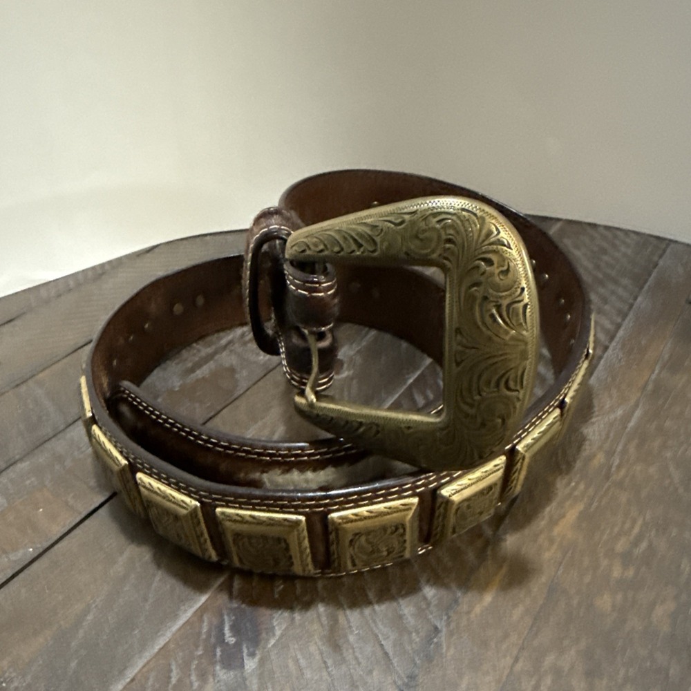 3D Belt Co Western Belt Brass Conchos Tooled Buckle Size 34 Brown 8634